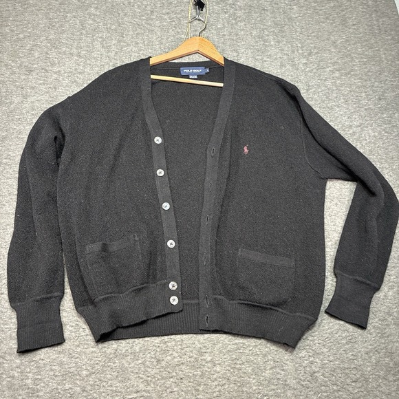 Polo Golf Ralph Lauren Men's Large button Cardigan 100% alpaca Preppy Black Knit
